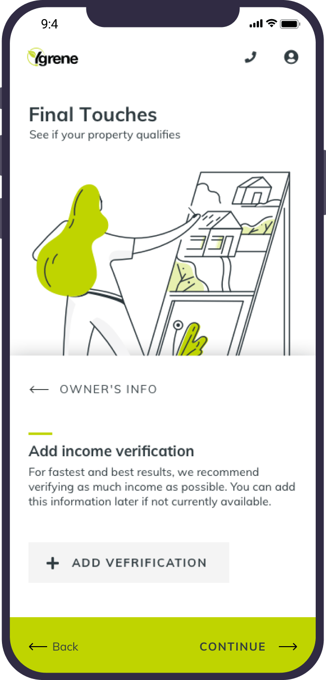 YGrene — Brand identity, a prequalification app, and a homeowner portal for a clean-energy financing company – the illustrations made it look simple; the flows made it be. — UareUx