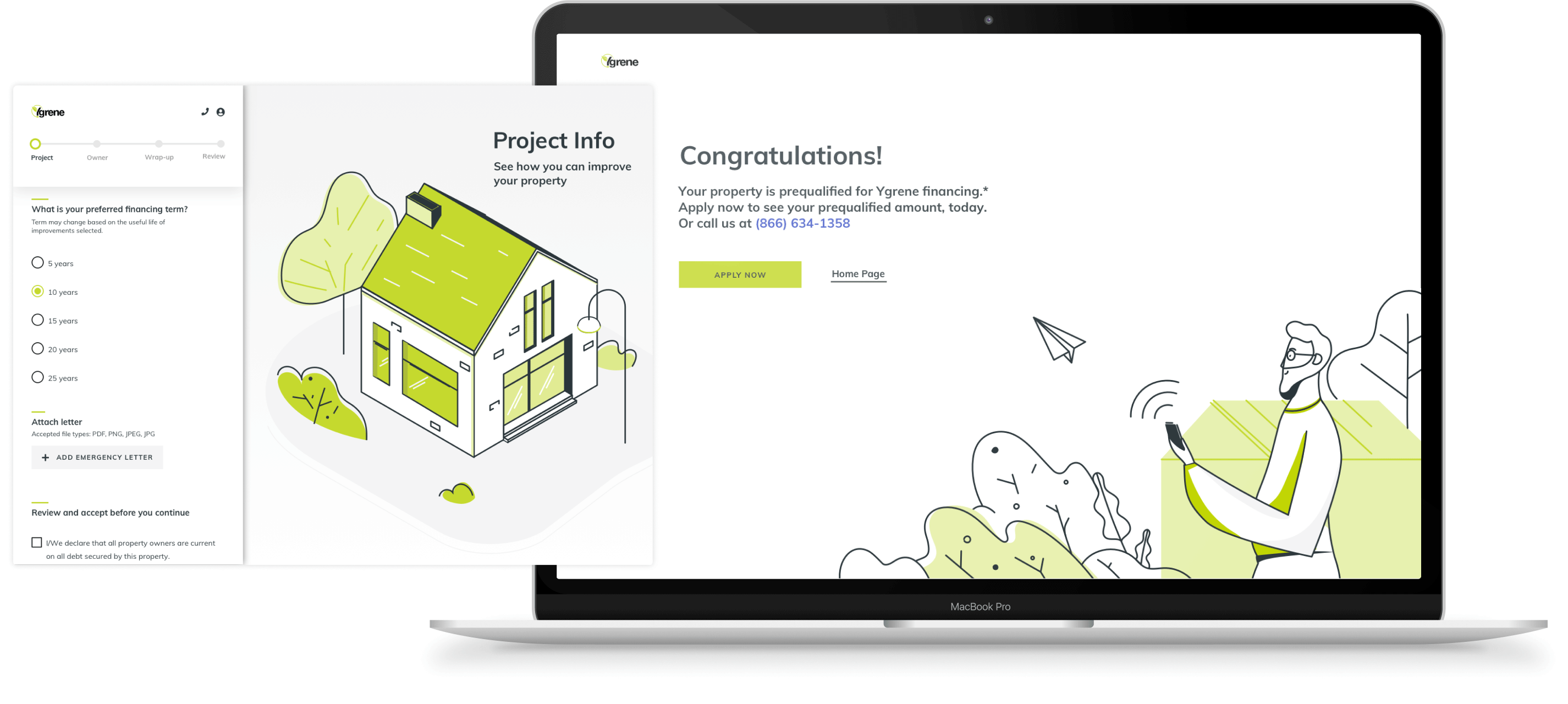 YGrene — Brand identity, a prequalification app, and a homeowner portal for a clean-energy financing company – the illustrations made it look simple; the flows made it be. — UareUx