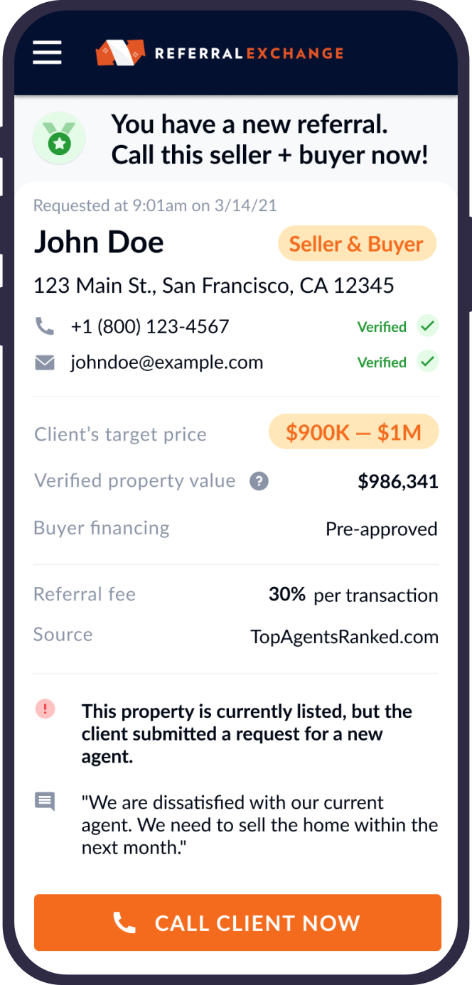 Referral Exchange — A mobile-first landing page for a realtor-matching service – the client brought wireframes; the work was making the page convert, starting with the phone number. — UareUx