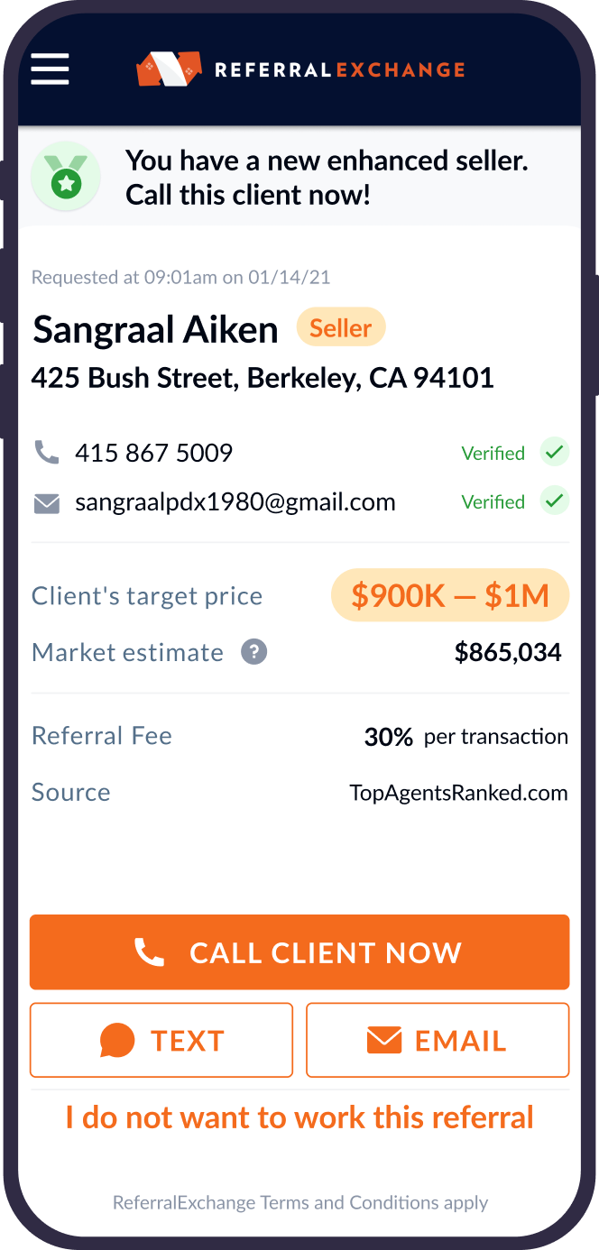 Referral Exchange — A mobile-first landing page for a realtor-matching service – the client brought wireframes; the work was making the page convert, starting with the phone number. — UareUx